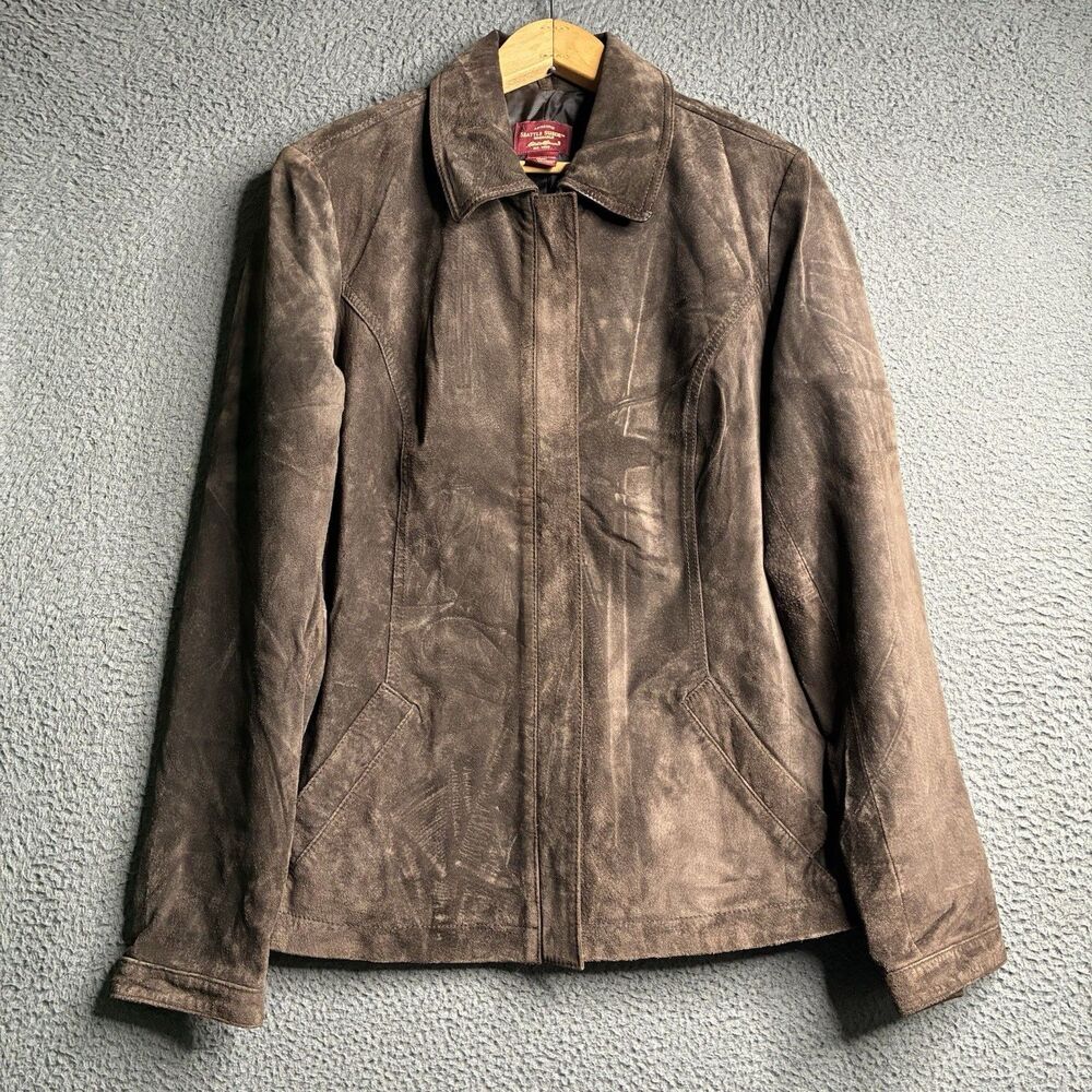 Eddie Bauer Seattle Suede Washable Jacket Brown Leather Zip Front Women's Med